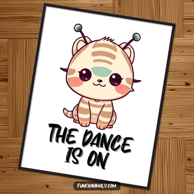 Funny digital art print of a striped creature with antennae shimming its shoulders, an instant download for rhythmic humor.