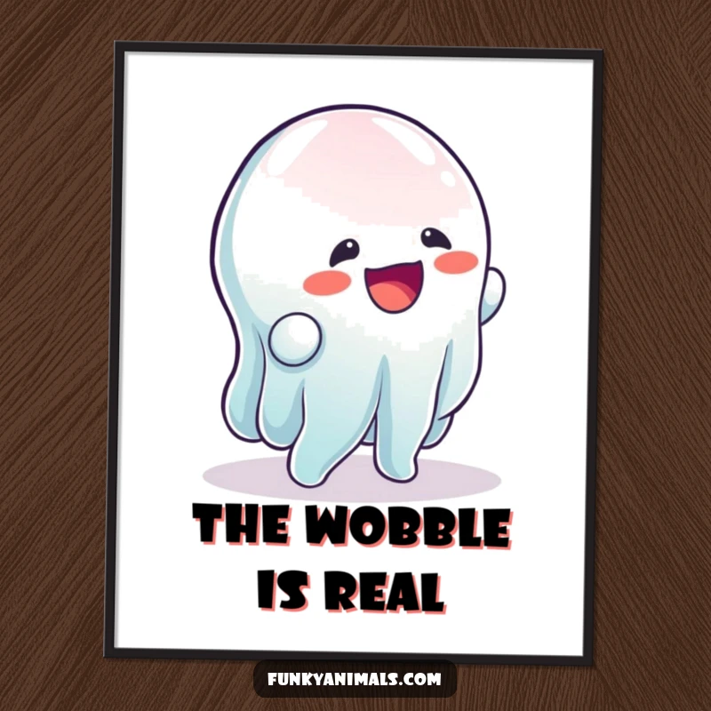 Funny digital art print of a wobbly, gelatinous creature doing a rhythmic wobble, an instant download for jiggly humor.