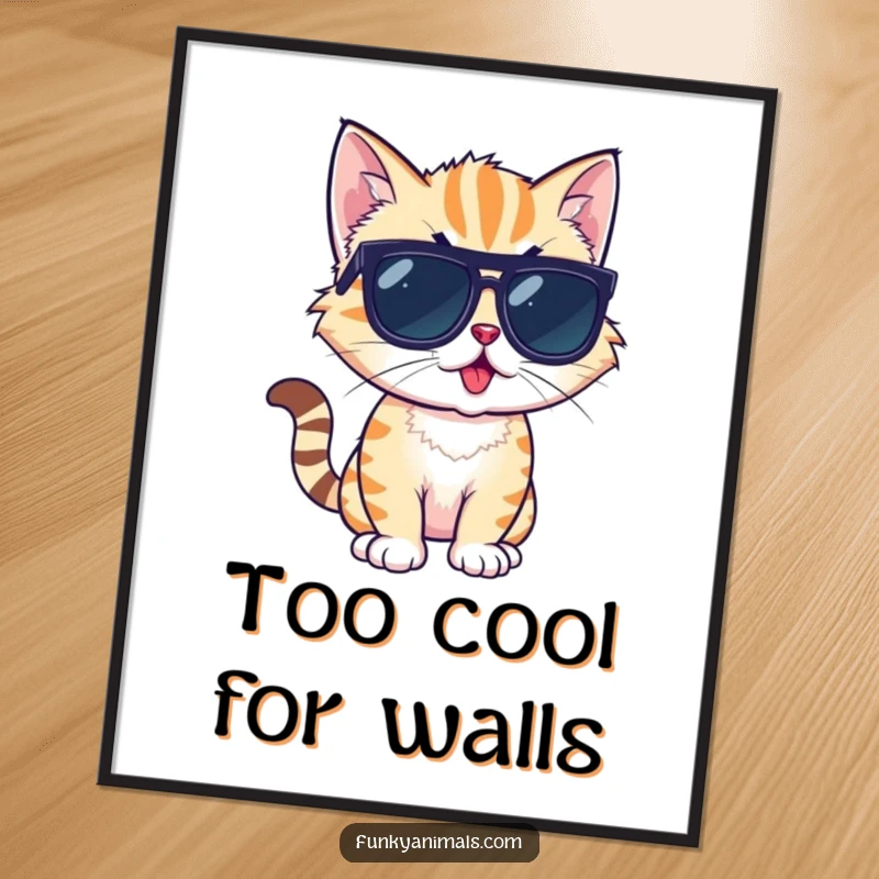Funny digital art print of a cool cat cub wearing sunglasses, confidently striking a memorable, funky pose.