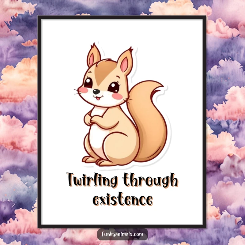 Funny squirrel with a rapidly spinning spiral tail, radiating playful energy, a vibrant and humorous digital art print.