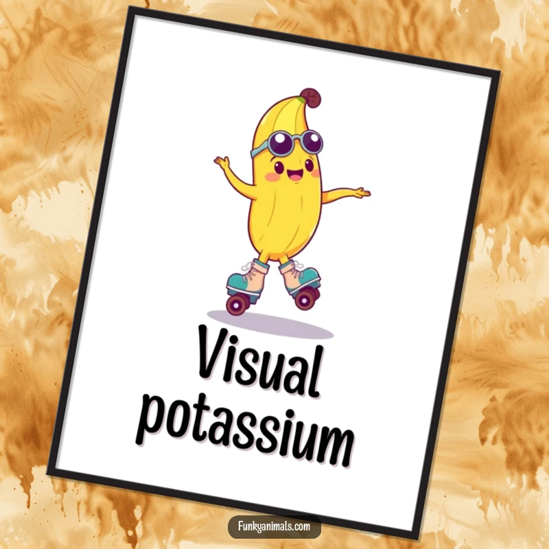 Funny digital art print of a groovy banana spinning on roller skates, creating a lively and humorous visual for instant home decor.