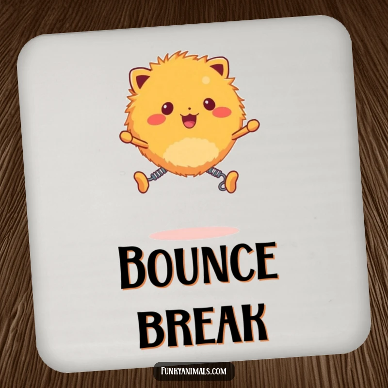 Funny fuzzy orange creature drink coaster, creature with spring legs bouncing with infectious energy, protecting furniture humorously.