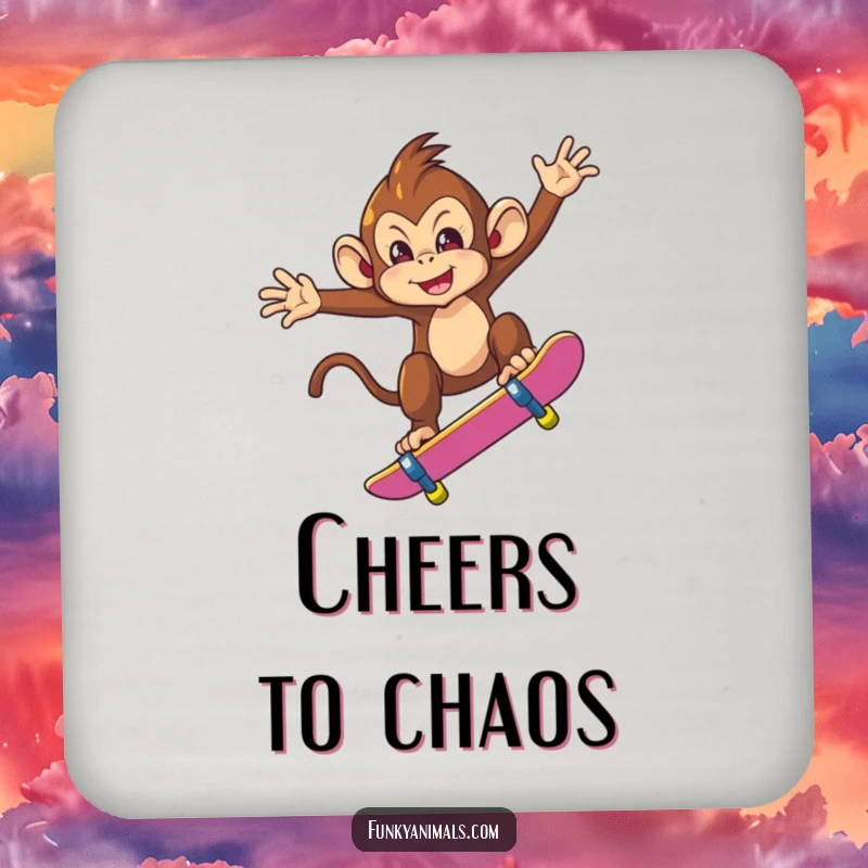 Funny coaster featuring a mischievous monkey performing a skateboard trick mid-air, adding a cool and humorous element to any surface.