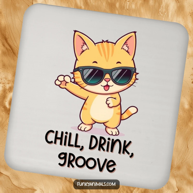 Funny cool cat wearing sunglasses, frozen in a funky dance move, printed on protective drink coasters.