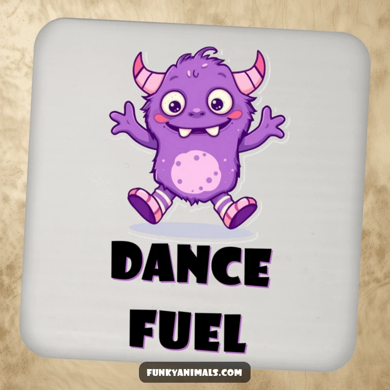 Funny purple monster drink coaster, creature with mismatched socks doing a silly dance, protecting furniture humorously.