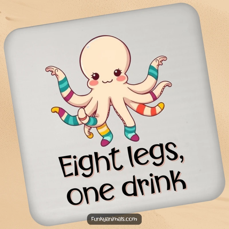 Funny octopus dancing with colorful mismatched socks, a humorous and protective drink coaster design.