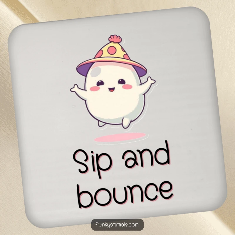 Funny abstract blob creature in a funky hat, bouncing energetically, featured on protective drink coasters, adding abstract art to tables.