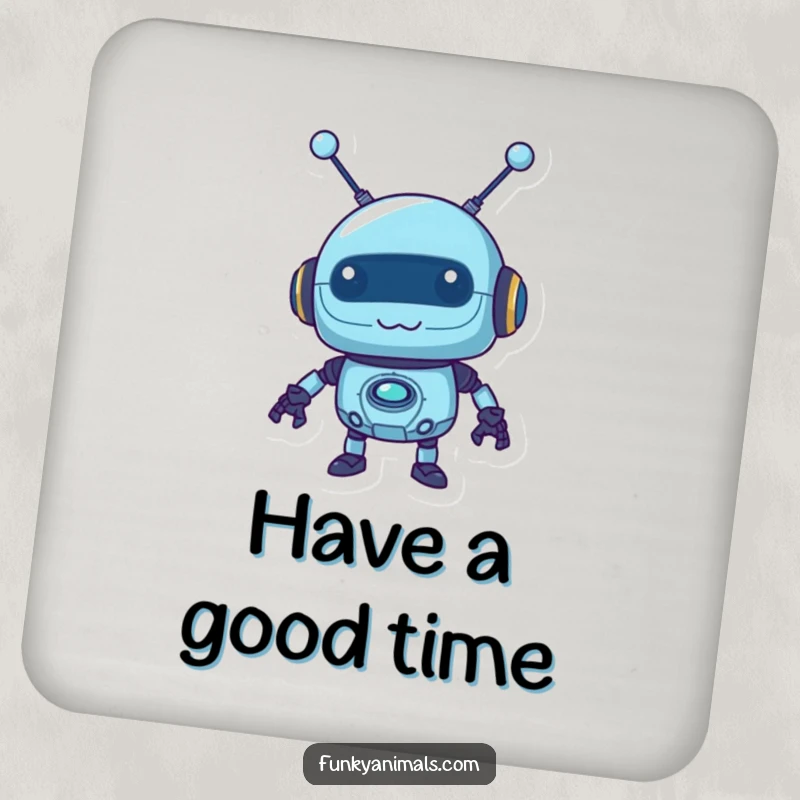 Funny blue robot coasters featuring a mischievous robot with wobbly antennas, offering humorous protection for surfaces.