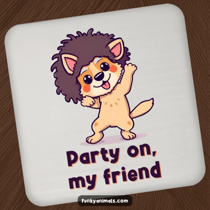 Funny dog wearing an afro wig, breakdancing with energetic moves, on a set of protective drink coasters.