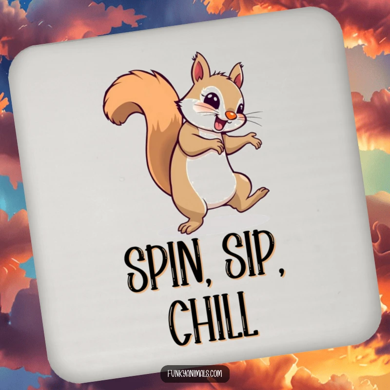 Funny squirrel breakdancing and spinning on its tail, looking groovy, printed on protective drink coasters.