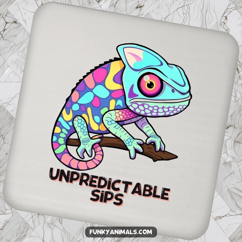 Funny chameleon coasters featuring a psychedelic pattern of rapidly changing colors, offering stylish protection for surfaces.