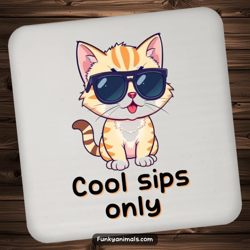 Funny drink coaster featuring a cool cat cub wearing sunglasses, striking a stylish and funky pose.
