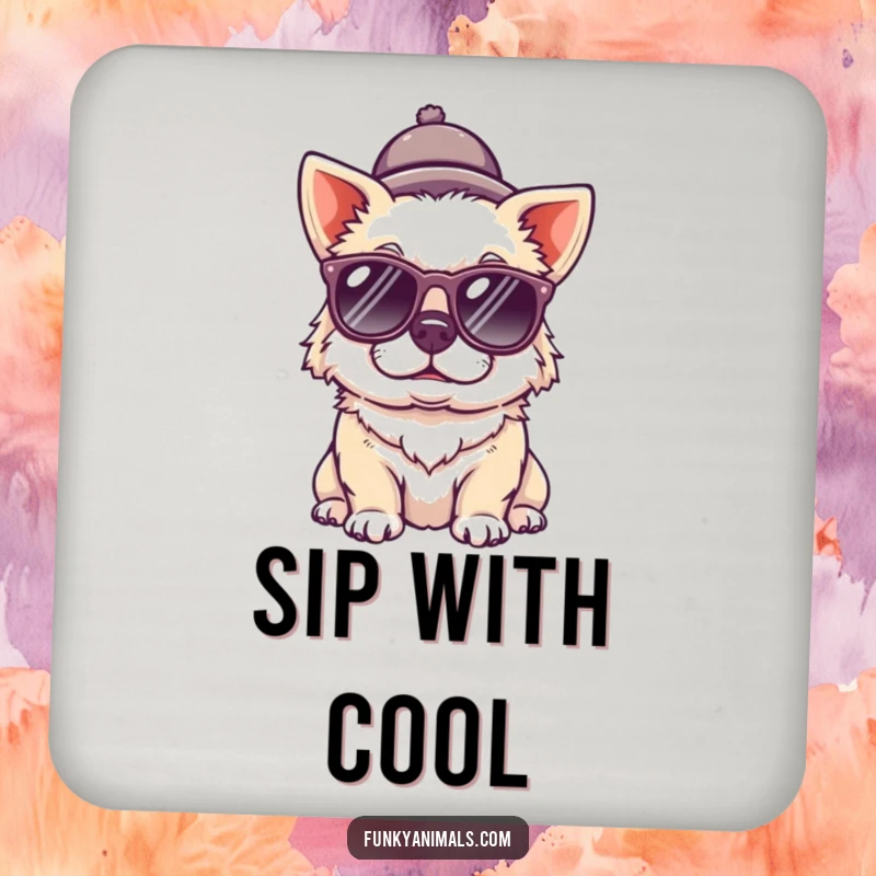 Funny dog coasters featuring a quirky dog wearing sunglasses and a tiny hat, providing stylish protection for surfaces.
