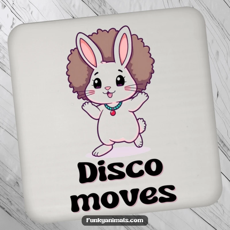 Funny Funky Rabbit Drink Coaster: A rabbit in an afro smoothly moonwalks, providing humorous and stylish protection for your drinks.