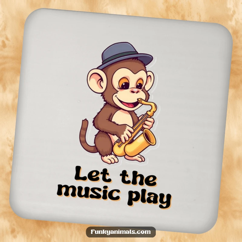 Funny monkey coaster featuring a funky ape in a fedora playing a miniature saxophone, adding jazzy flair to drink protection.