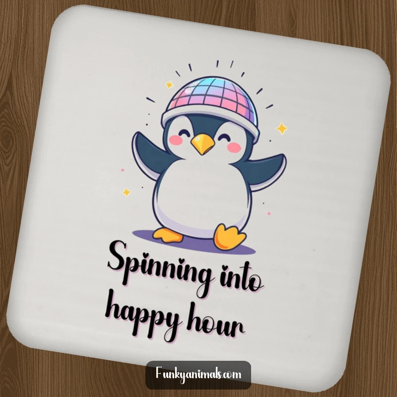 Funny penguin wearing a disco ball helmet, spinning ecstatically, a humorous and protective drink coaster design.