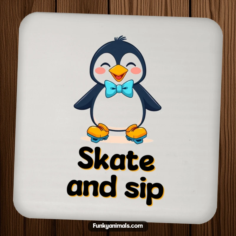Funny goofy penguin on roller skates with a bow tie on these drink coasters, a set of humorous and protective tableware.