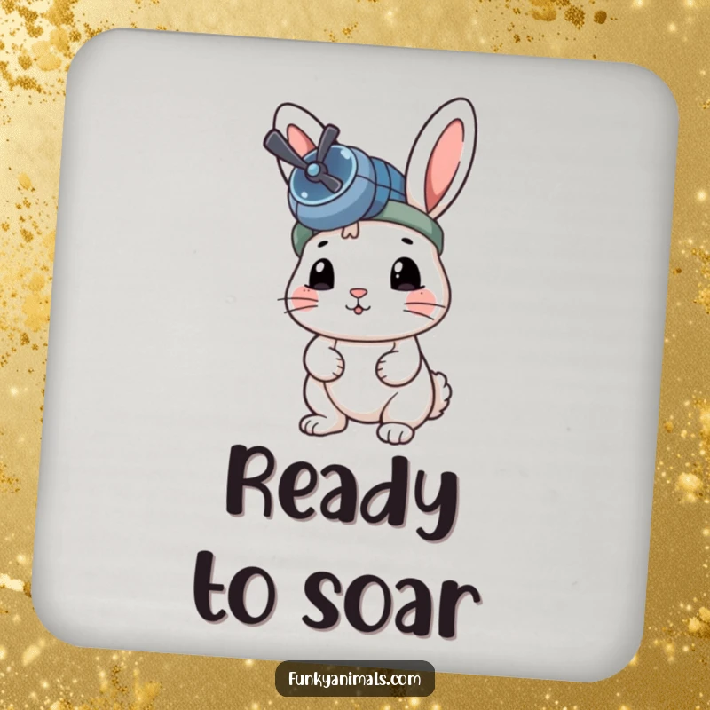 Funny Rabbit Coasters depicting a rabbit wearing a propeller beanie, ready for takeoff, protecting surfaces.