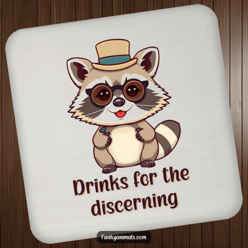 Funny raccoon gentleman drink coaster with a mischievous raccoon wearing a tiny top hat and monocle, protecting furniture.