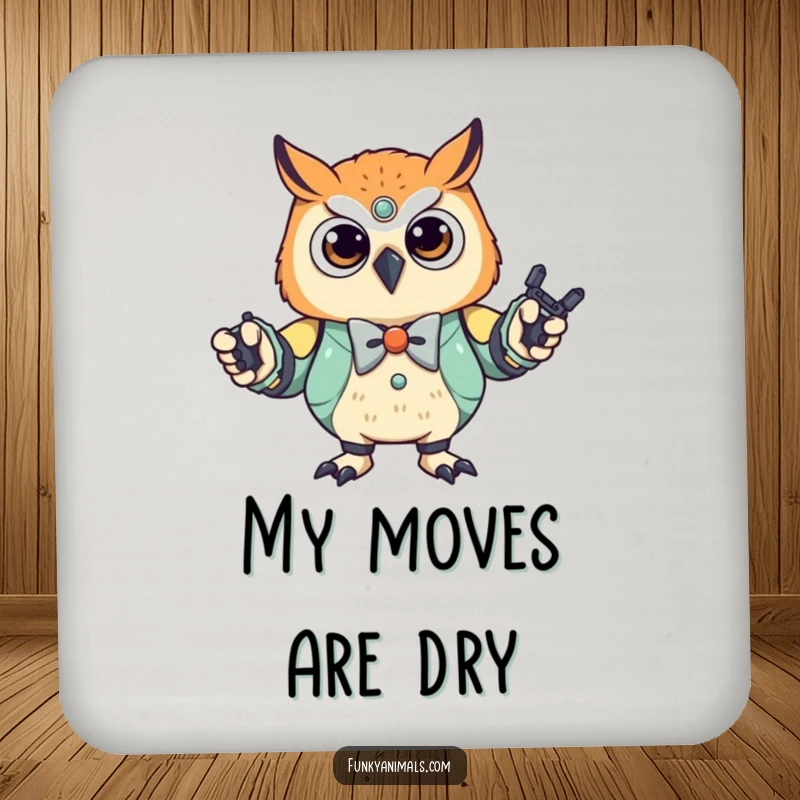 Funny Robot Owl Cub Coasters: A stylish owl cub wearing a bowtie, doing the robot dance, providing protection with mechanical charm and amusing flair.