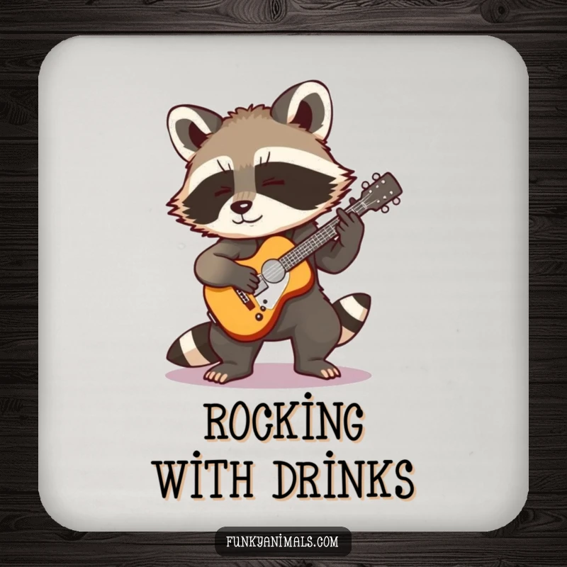 Funny Rocking Raccoon Coasters: A cool raccoon cub playing a tiny guitar, offering protection to surfaces with rockstar flair and musical humor.