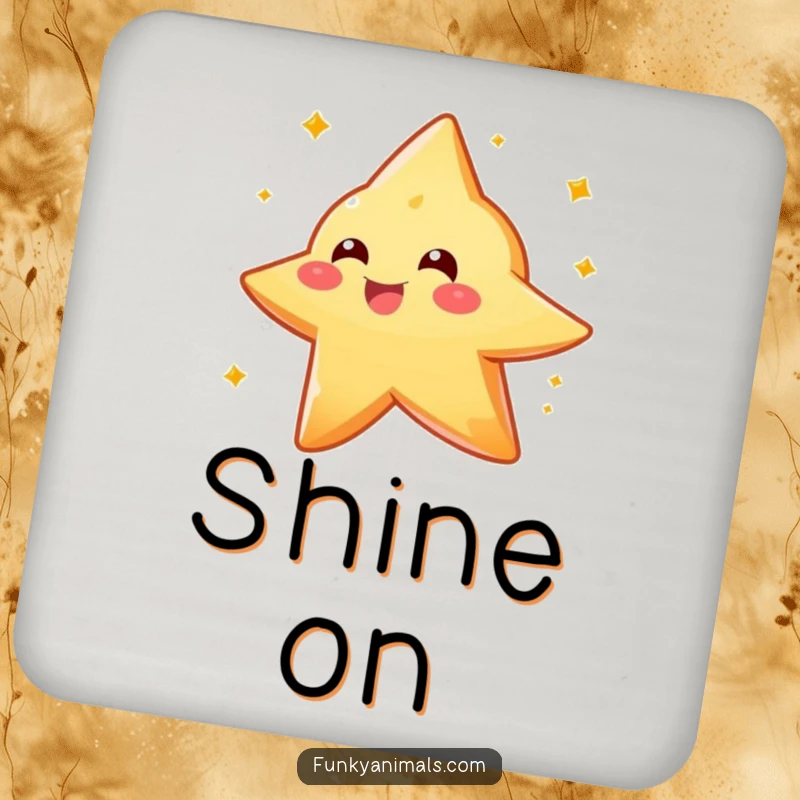 Funny sparkly orange star creature coasters, depicting a delightful spin, offering humorous and celestial surface protection.