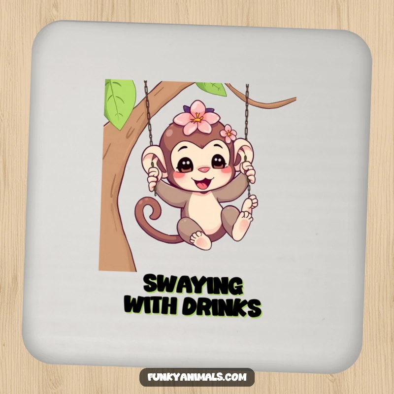 Funny Swinging Monkey Cub Coasters: A playful monkey cub swinging, a flower in its hair, offering protection to surfaces with charm and humorous appeal.