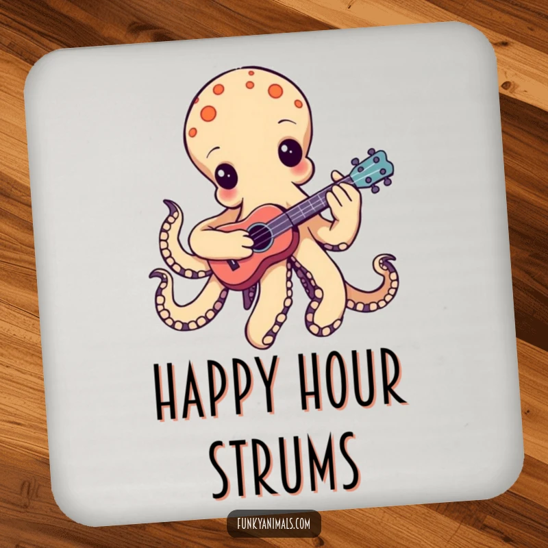 Funny groovy octopus drink coaster, playing a tiny ukulele with one tentacle strumming, protecting surfaces with musical artistry.
