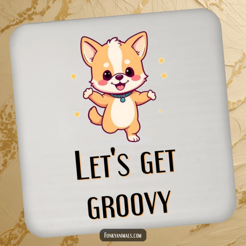 Funny drink coaster featuring a dog cub dancing with a boombox, adding musical flair to surfaces.