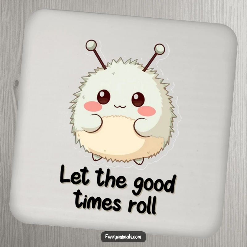 Funny drink coasters featuring a fuzzy, round creature with antennae bopping its head energetically.