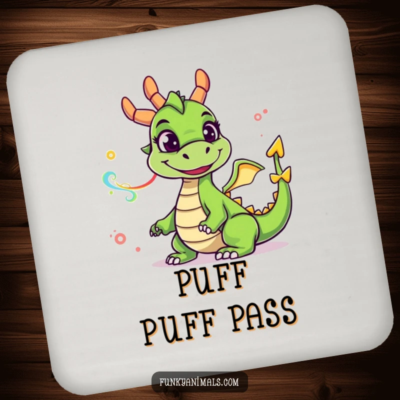 Funny green dragon coasters featuring a goofy smiling dragon blowing colorful smoke rings, protecting surfaces with whimsical humor.