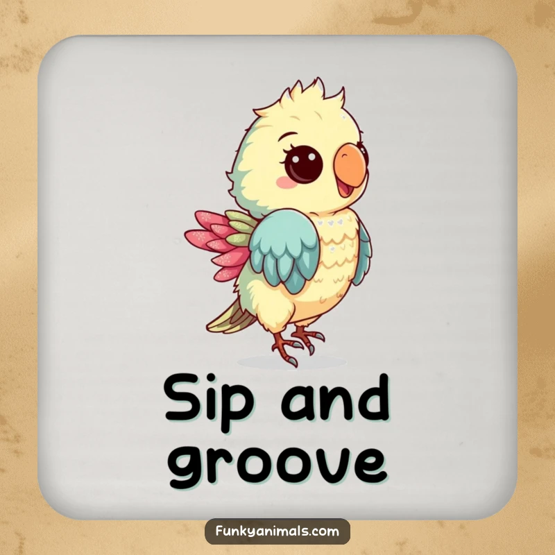 Funny drink coasters featuring a groovy parrot cub dancing, protecting surfaces with tropical dance moves and fun.