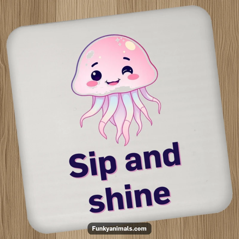 Funny sparkling jellyfish drink coaster with a goofy, lopsided grin, protecting surfaces with a splash of underwater humor and charm.