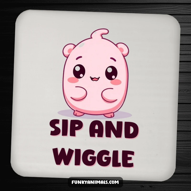 Funny drink coaster with a pink, squishy creature and googly eyes wiggling its body, offering surface protection with charming humor.
