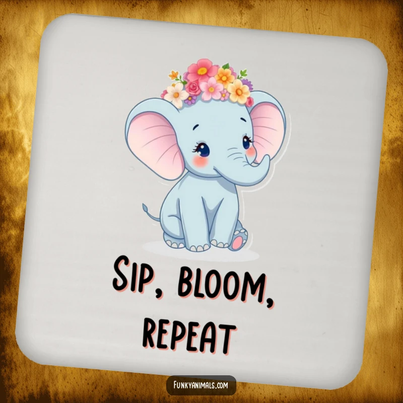 Funny Elephant Coasters showcasing a happy elephant in a flower crown, twirling joyfully.