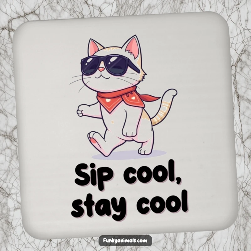 Funny cat coaster featuring a cool cat in sunglasses and bandana, moonwalking on four paws, adding stylish protection.