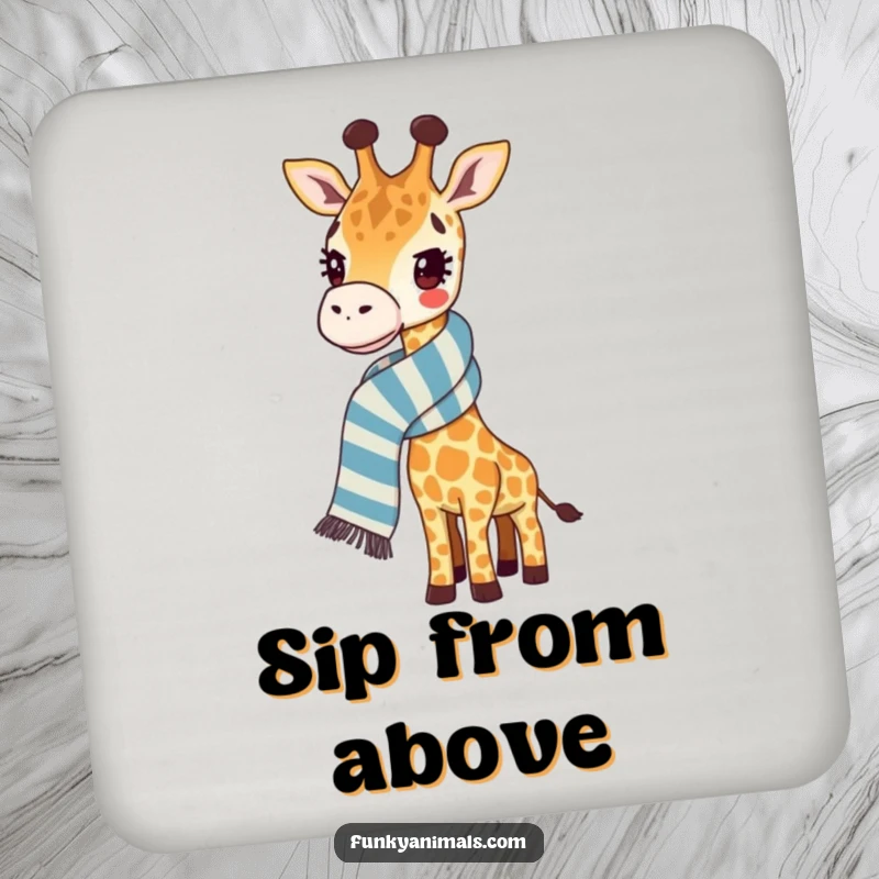 Funny giraffe coasters featuring a giraffe wearing a ridiculously long, striped scarf, providing stylish protection for surfaces.
