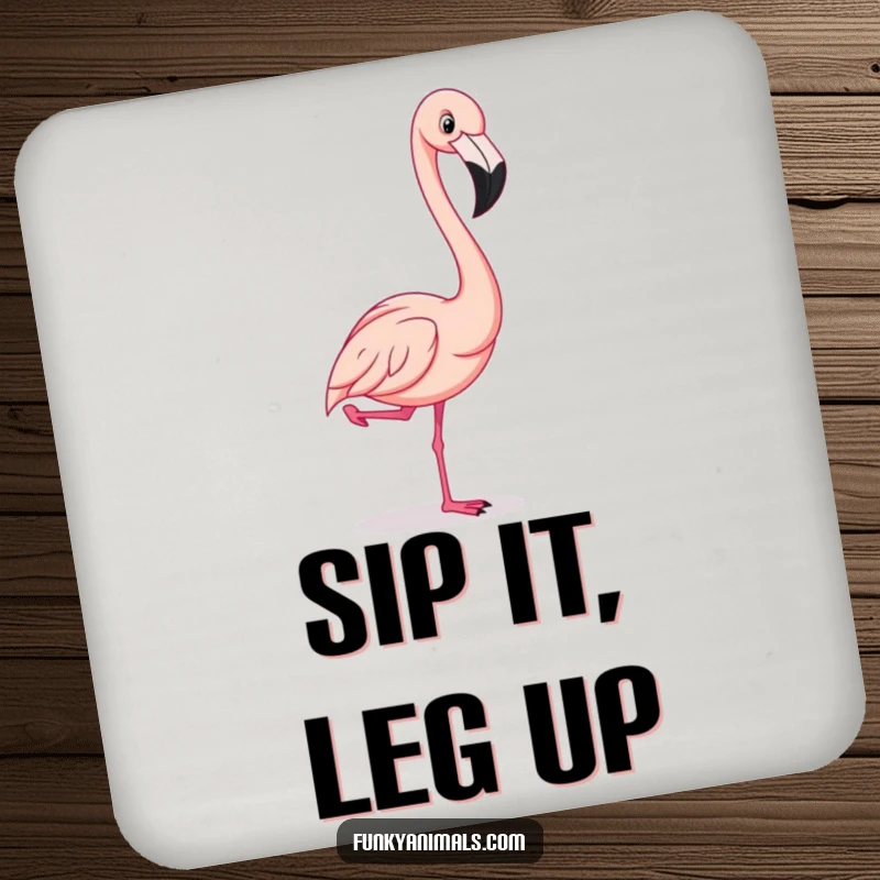 Funny flamingo striking a comical one-legged pose, a humorous and protective drink coaster design.