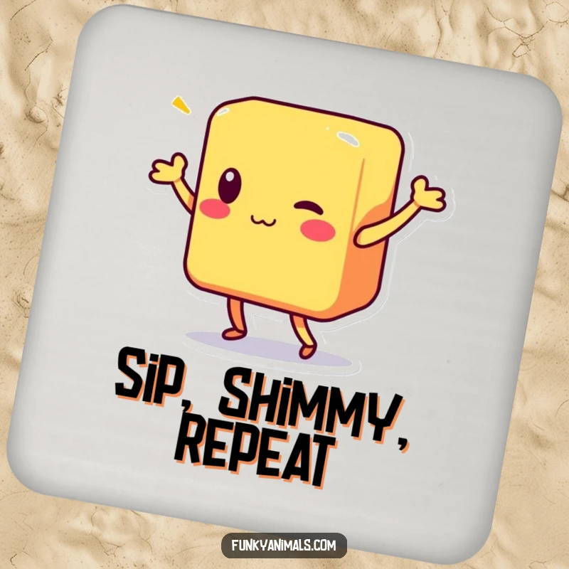 Funny drink coasters featuring a colorful square block character in various shimmy dance poses.