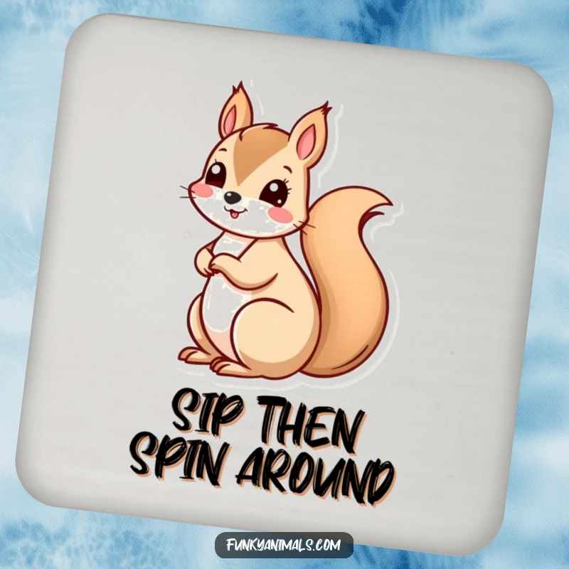 Funny squirrel with a spiraling, spinning tail, adding humorous protection to surfaces with this drink coaster.