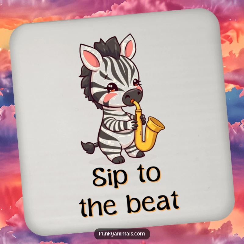 Funny drink coaster featuring a jazzy zebra cub playing a saxophone with flair, adding musical style.