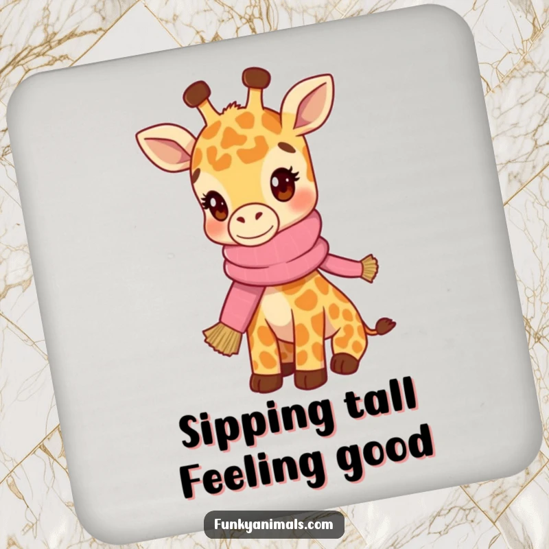 Funny drink coaster featuring a hip giraffe cub wearing a knitted scarf, adding chic style to surfaces.