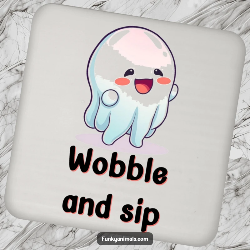 Funny drink coaster with a wobbly, gelatinous creature doing a rhythmic wobble, protecting surfaces with jiggly humor.