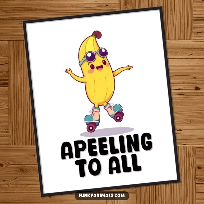 Funny poster capturing a groovy anthropomorphic banana in a thrilling roller skate spin, adding a cheerful and retro aesthetic to any wall.