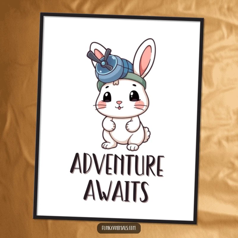 Funny Rabbit Poster print of a rabbit wearing a propeller beanie, looking excited for takeoff.