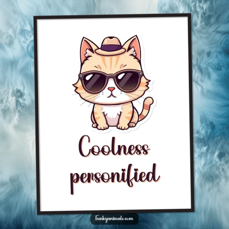 Funny Cool Cat Poster print featuring a cat in sunglasses and a fedora, looking incredibly hip and cool.