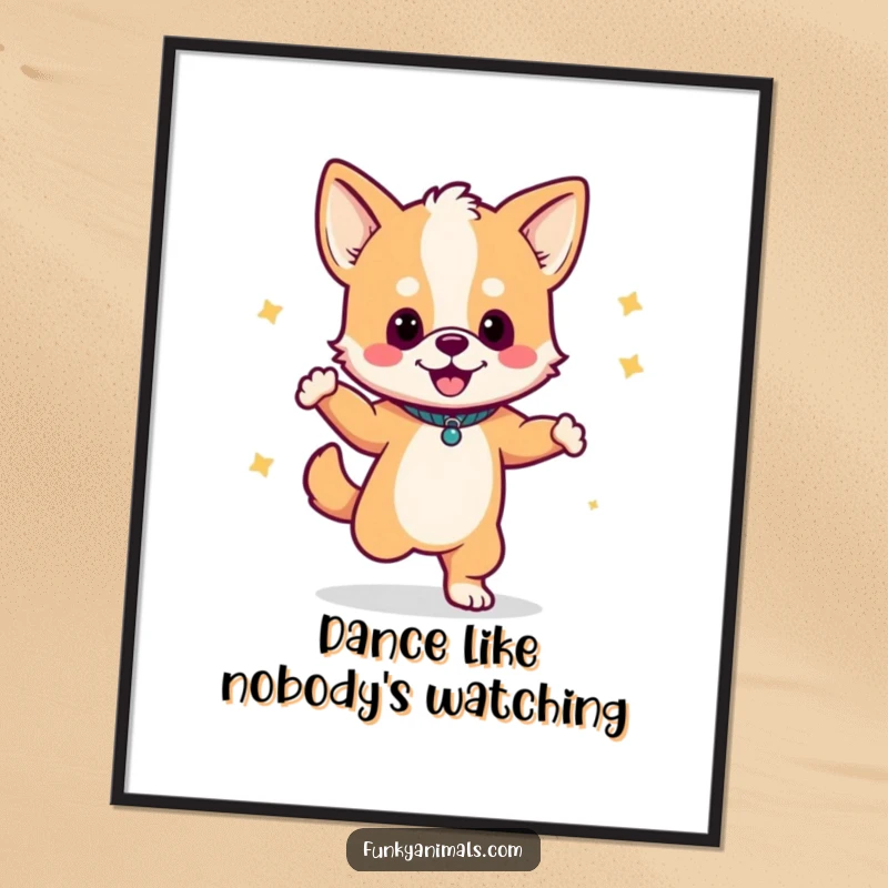 Funny poster art of a dog cub dancing with a boombox, showcasing joyful, groovy, and energetic movements.