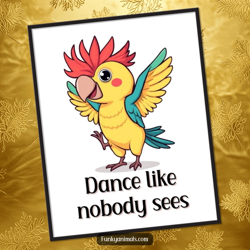 Funny parrot poster depicting a colorful bird with wild, spiky feathers in a hilarious, flamboyant dance pose, adding vibrant fun to decor.