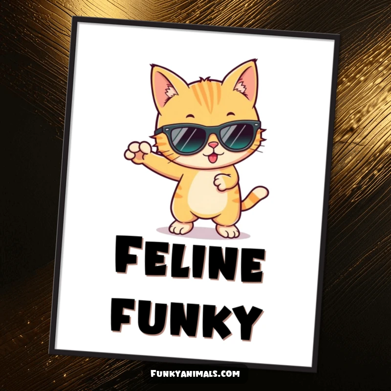 Funny cool cat in sunglasses, performing a dynamic funky dance move, depicted vividly on this groovy poster.