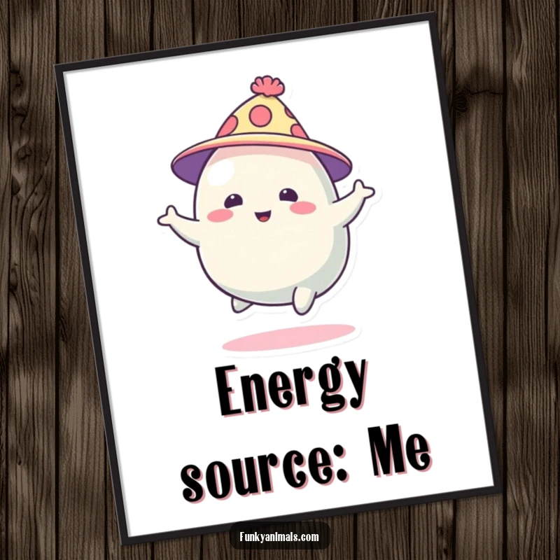 Funny abstract blob creature in a funky hat, bouncing energetically across a poster, showcasing vibrant abstract art and whimsical motion.